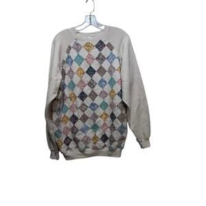 Vintage Hanes Women's Cream quilted patchwork Crew Neck Sweater Size XL